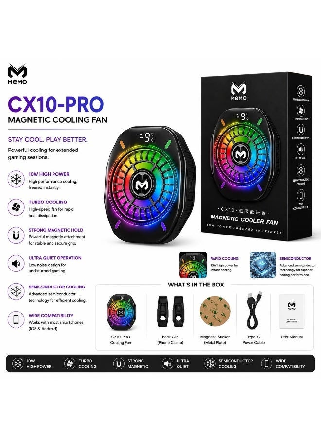 ميمو مبرد موبايل CX10 أضواء ملونة ار جي بي ومشبك مغناطيسي، مبرد تبريد قوي 2 في 1 تبريد كالثلج من ميمو ميمو الاصلي - Image 2