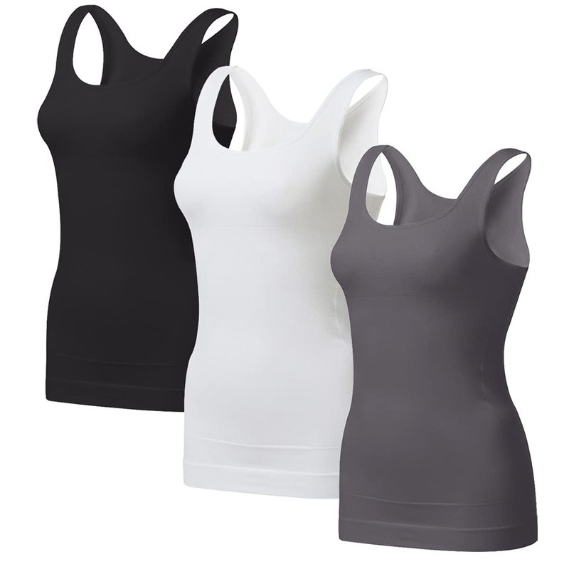 EUYZOU Women's Tummy Control Shapewear Tank Tops - Seamless Body Shaper Compression Top 3pk (Black/White/Grey, X-Large) - Image 1