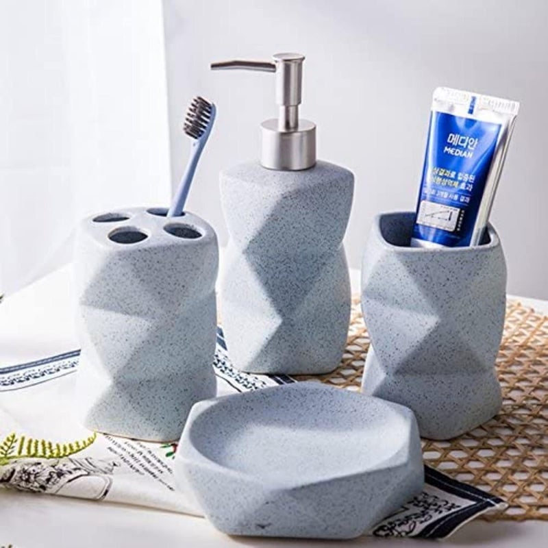 FabSeasons Bathroom Set Accessories Octagon Shaped, 4 Pieces Bathroom Accessory Sets Includes Soap/Lotion Dispenser, 2 Tumblers/Tooth Brush Holder, 1 Soap Dish/Holder - Image 1