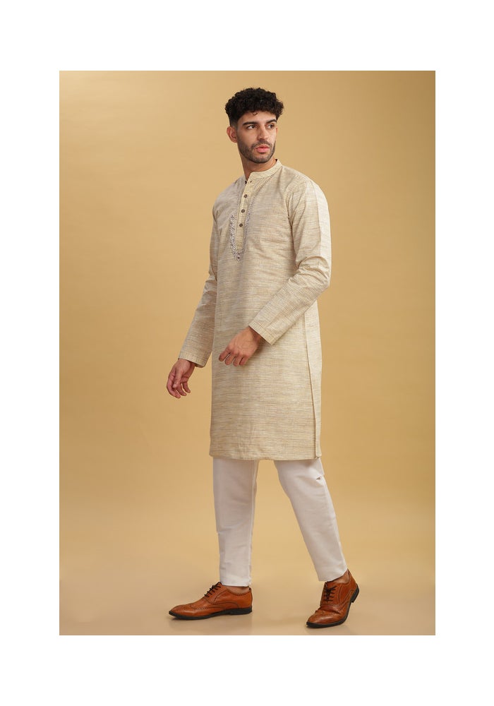 ARCHATTIRE Men’s Beige Polycotton Long Kurta for Men - Image 3