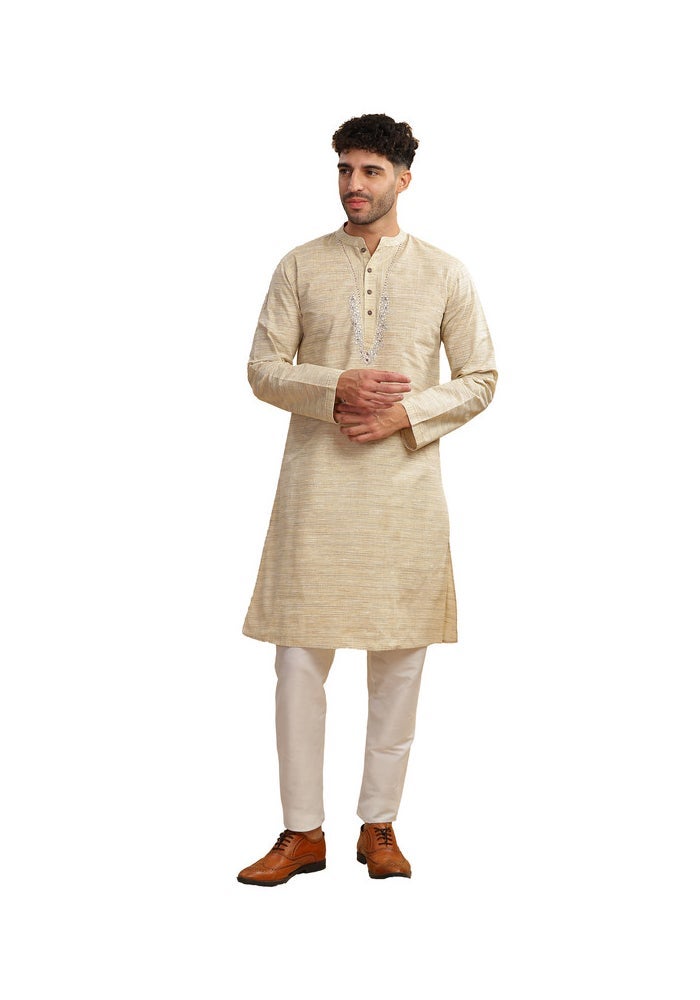 ARCHATTIRE Men’s Beige Polycotton Long Kurta for Men - Image 1