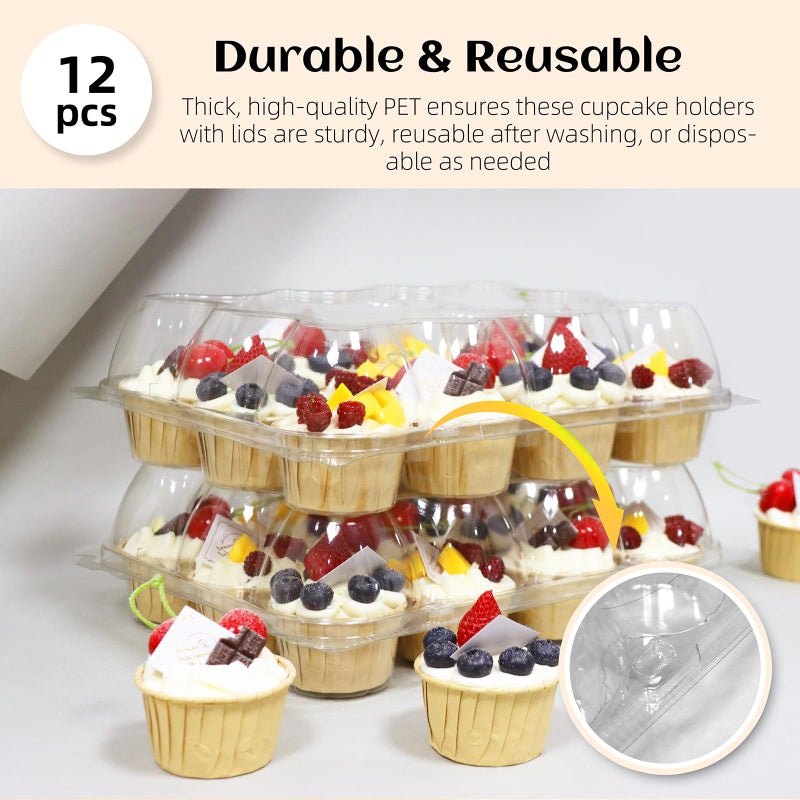 WIKDAY 12 Count x 12 Sets Plastic Cupcake Containers, Durable and BPA-Free Cupcake Holder with Lid for Easy Transport Storage, Stackable Clear Cupcake Carriers, Reusable Dessert Boxes - Image 3