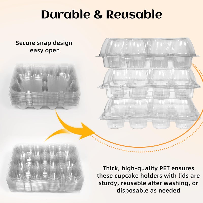 WIKDAY 12 Count x 12 Sets Plastic Cupcake Containers, Durable and BPA-Free Cupcake Holder with Lid for Easy Transport Storage, Stackable Clear Cupcake Carriers, Reusable Dessert Boxes - Image 4