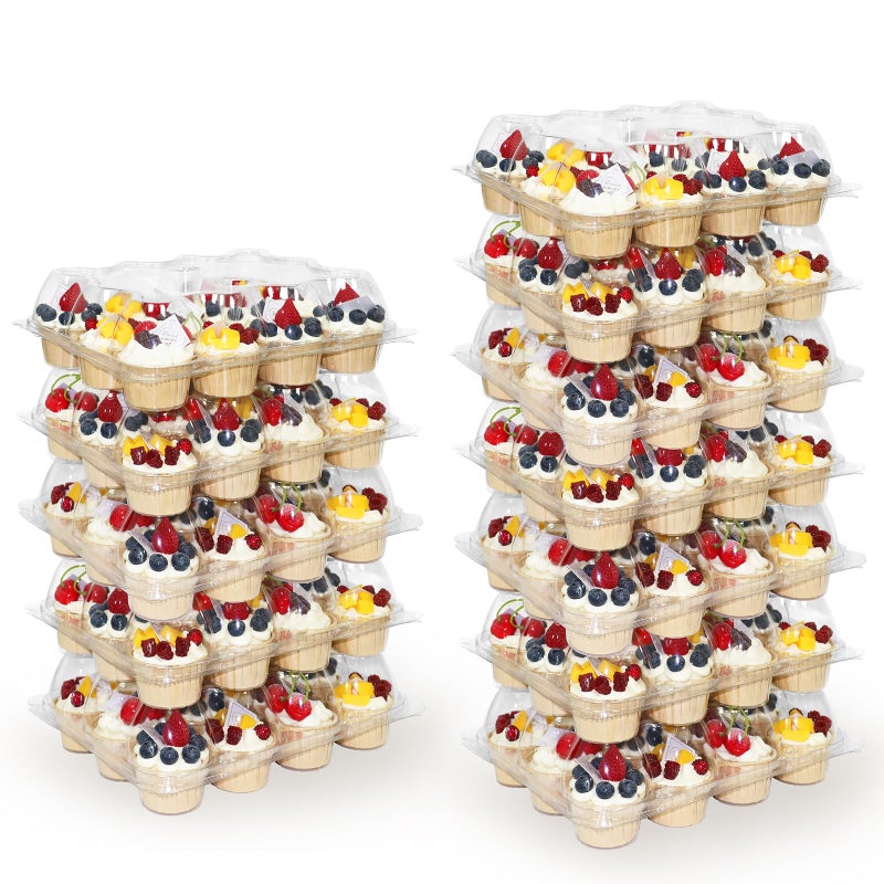 WIKDAY 12 Count x 12 Sets Plastic Cupcake Containers, Durable and BPA-Free Cupcake Holder with Lid for Easy Transport Storage, Stackable Clear Cupcake Carriers, Reusable Dessert Boxes - Image 1