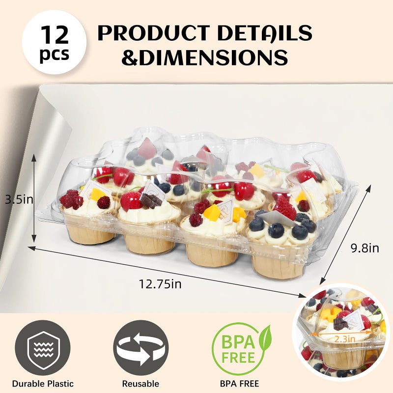 WIKDAY 12 Count x 12 Sets Plastic Cupcake Containers, Durable and BPA-Free Cupcake Holder with Lid for Easy Transport Storage, Stackable Clear Cupcake Carriers, Reusable Dessert Boxes - Image 2