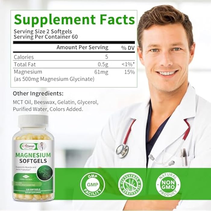 Alliwise Magnesium Glycinate 500mg Softgels Supplement, Small Easy to Swallow Magnesium Gelcaps High Absorption for Night Leg&Sleep Support, Muscle&Bone, Calm, Non GMO, 120 Gelcaps, 60 Day Supply - Image 2