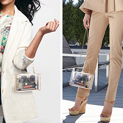 WJCD Women Clear Purse Acrylic Box Clutch Handbag, Small Transparent Crossbody Evening Bag Stadium Approved Gold Chain Strap (Transparent 2 chains) - Image 4
