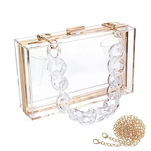 WJCD Women Clear Purse Acrylic Box Clutch Handbag, Small Transparent Crossbody Evening Bag Stadium Approved Gold Chain Strap (Transparent 2 chains) - Image 1