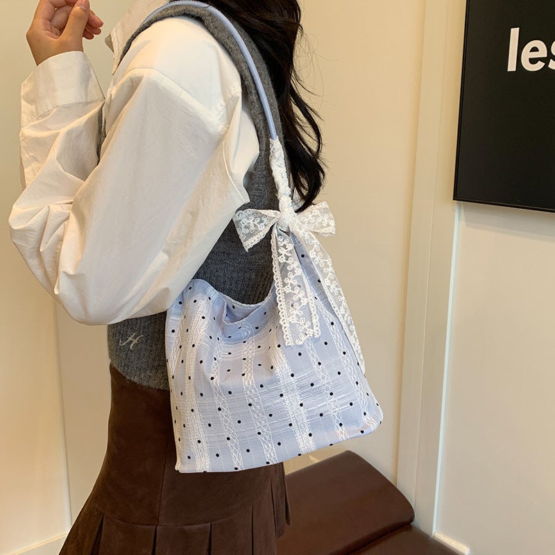 Korean Style Wave Point Bucket Bag Autumn Lace Portable Bucket Bag Fashion Lace Bow Underarm Bag - Image 4