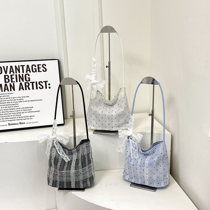 Korean Style Wave Point Bucket Bag Autumn Lace Portable Bucket Bag Fashion Lace Bow Underarm Bag - Image 5