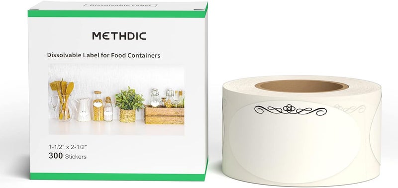 Methdic 1-1/2" x 2-1/2" Dissolvable Labels for Food Containers Organizing White 300 Stickers(1 Roll) - Image 1