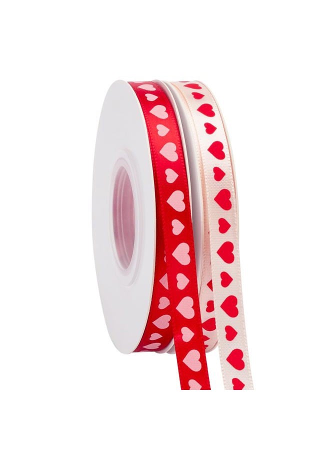 Voeveca Valentine's Day Ribbon,2 Rolls Heart Satin Ribbon Use for Valentines Day Craft,Gift Wrapping,Home Decor,3/8 Inches Total 50 Yards,Red/Pink/Cream (Hearts 1, 3/8 Inch x 50 Yard) - Image 1
