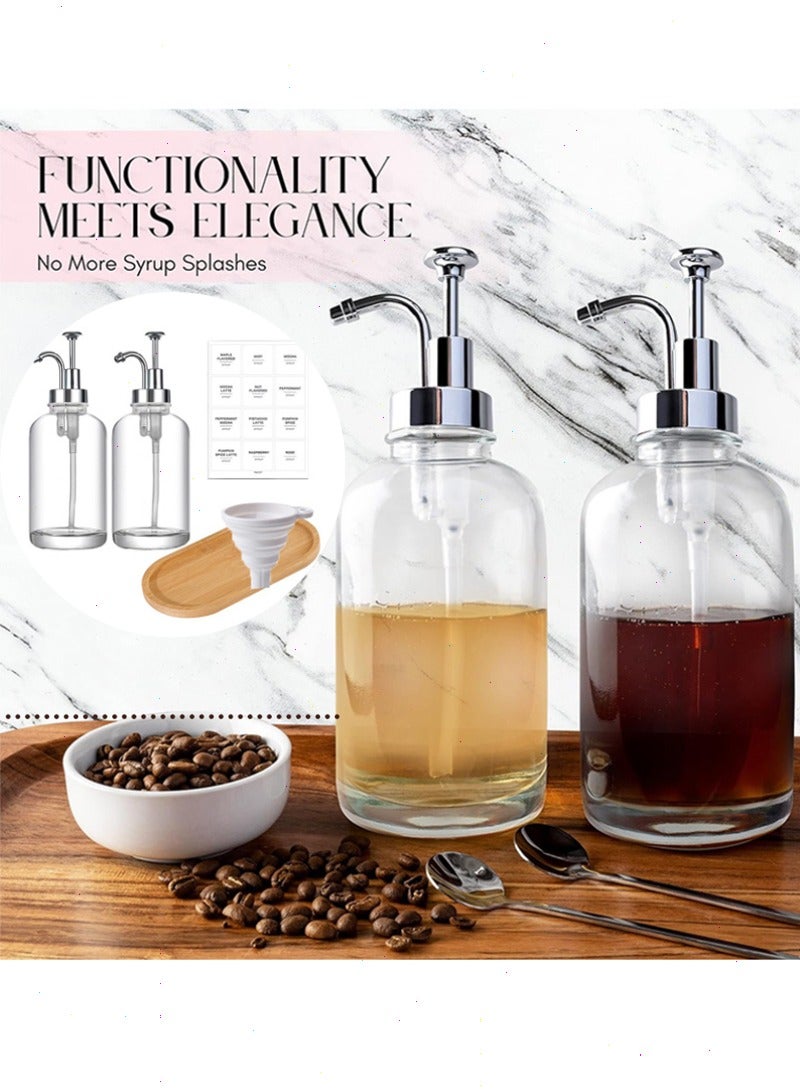 Yoawllty 2 Pcs Syrup Bottle, Syrup Dispenser Set,  Coffee Syrup Dispenser with Glass Syrup Bottle Labels and Bamboo Tray and Funnel, Syrup Pump Dispenser for Coffee Bar - Image 1