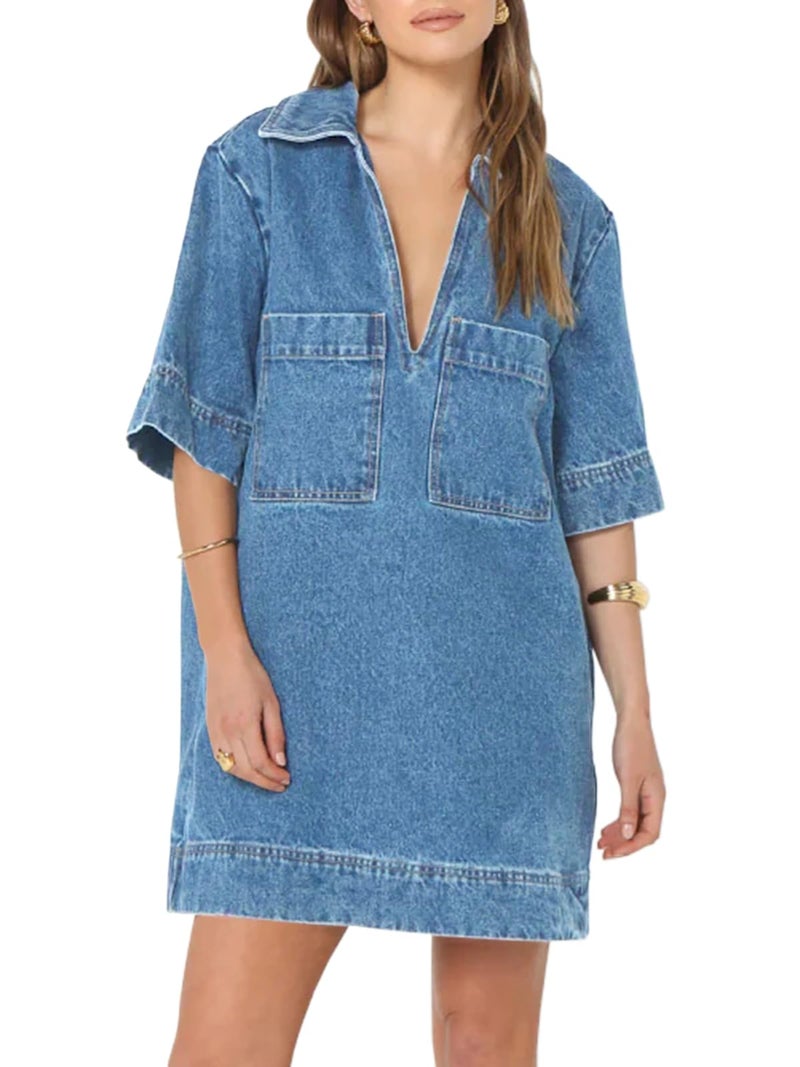 Fisoew Womens Denim Shirt Dress Summer Collared V Neck Mini Casual Jean Dresses with Pockets Light Blue - Image 1