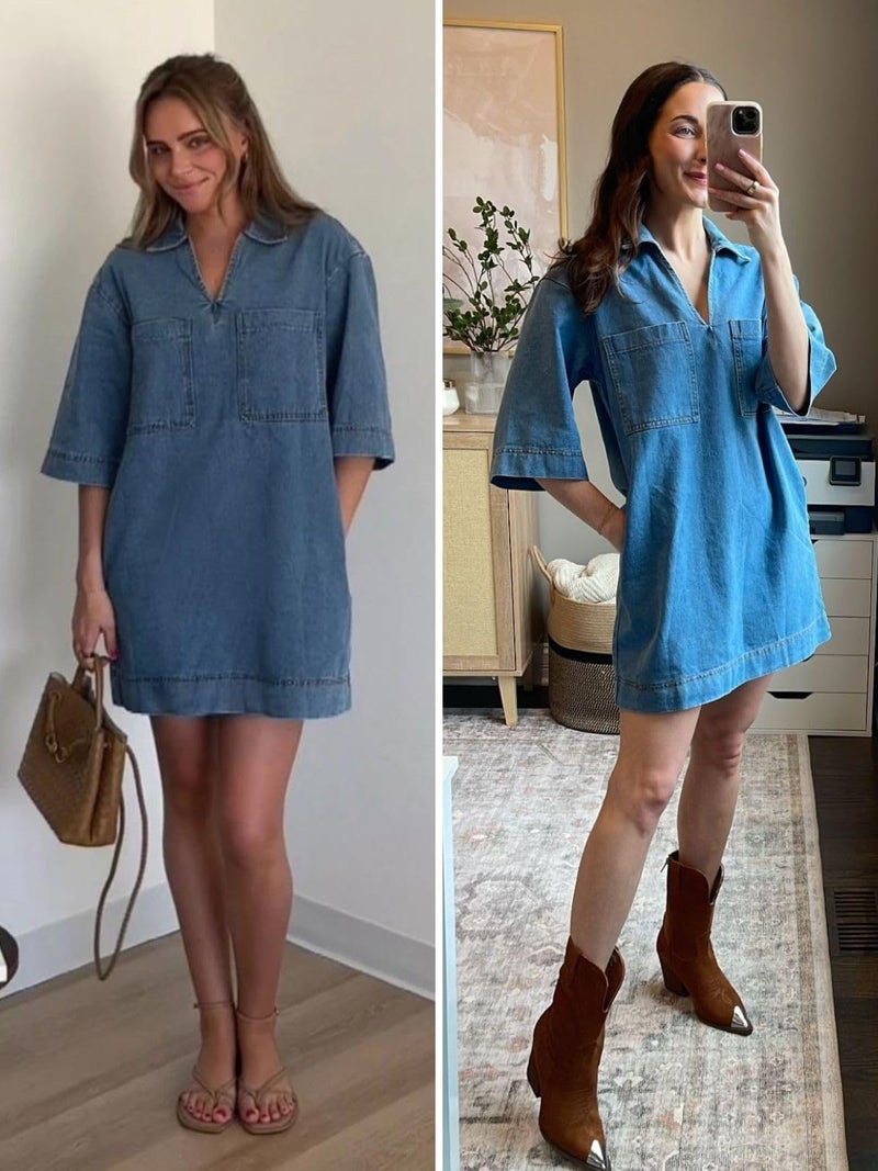 Fisoew Womens Denim Shirt Dress Summer Collared V Neck Mini Casual Jean Dresses with Pockets Light Blue - Image 5