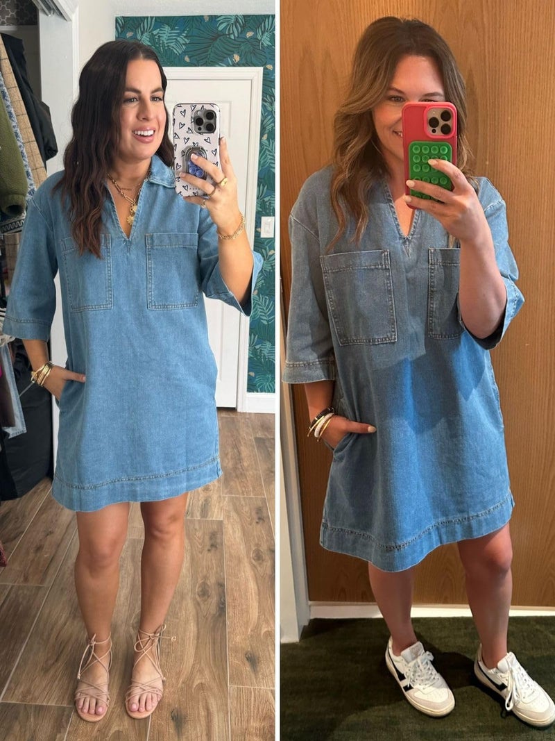 Fisoew Womens Denim Shirt Dress Summer Collared V Neck Mini Casual Jean Dresses with Pockets Light Blue - Image 4