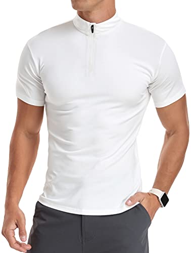 YTD Men's Classic Zip Up Short Sleeve Polo Shirts Casual Slim Fit Tops Basic Designed Cotton Shirts M White - Image 4