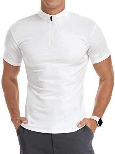 YTD Men's Classic Zip Up Short Sleeve Polo Shirts Casual Slim Fit Tops Basic Designed Cotton Shirts M White - Image 3