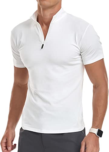 YTD Men's Classic Zip Up Short Sleeve Polo Shirts Casual Slim Fit Tops Basic Designed Cotton Shirts M White - Image 2