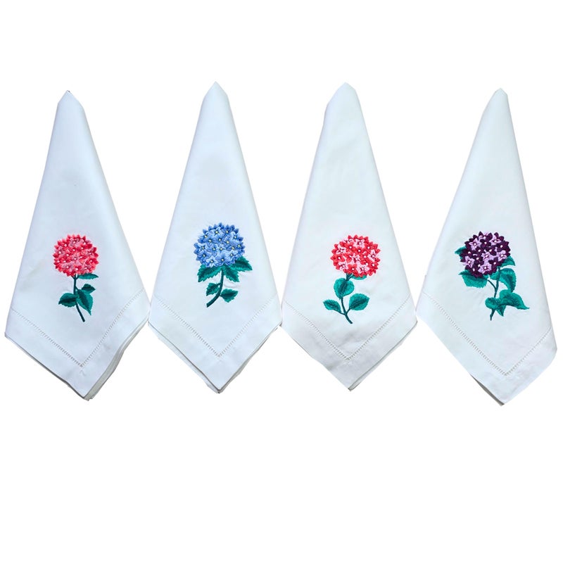 HCRAFT Embroidered Cotton Table Napkin Cloth Napkins Set of 4 18x18 Hydrangea Napkin Square Fabric Dining Room Napkins Cloth Machine Washable Cotton Cloth Napkins with Hemstitch Great Present