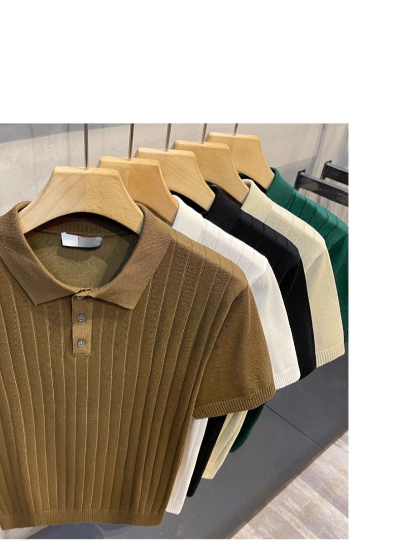 Men's Loose Casual Knitted Short Sleeved T-Shirt Polo  - Image 4