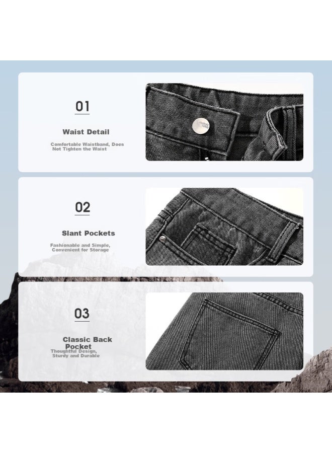 Vancamel Men's Jeans Comfortable Loose Straight Fit Trendy Korean Casual Fashion Versatile Pants Medium Blue XL - Image 2