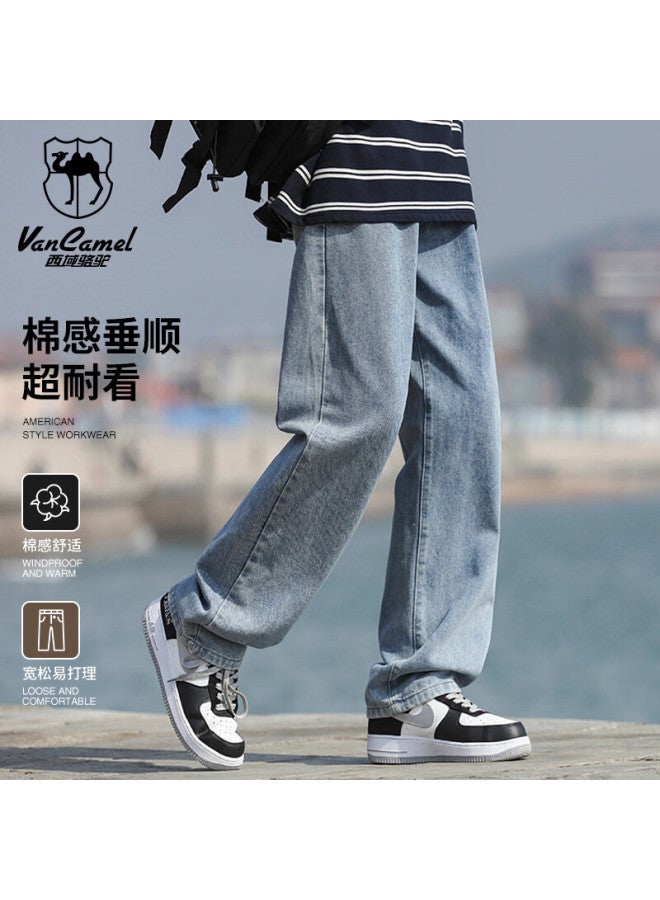 Vancamel Men's Jeans Comfortable Loose Straight Fit Trendy Korean Casual Fashion Versatile Pants Medium Blue XL - Image 1