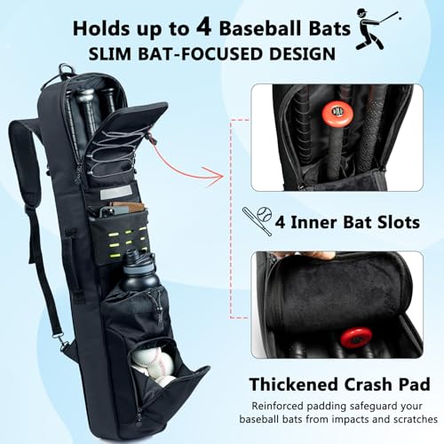 VIGEGARI Baseball Bat Bag Backpack Holds 4 Bats, Slim Bat-Focused Design for Youth & Adults, Baseball Bag with Fence Hook, Padded Bat Case with Ball Pocket, Softball & T-Ball Bat Carrying Bag - Image 3