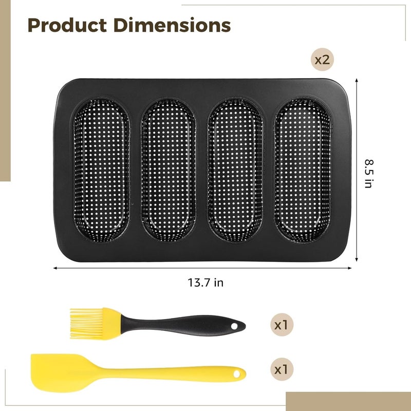 4 Piece Hot Dog Bun Pan Set, Four-Cavity French Loaf Molds, Non-Stick Carbon Steel, 13.7 X 8.5 Inches, Comes with Silicone Scraper and Oil Brush - Image 2