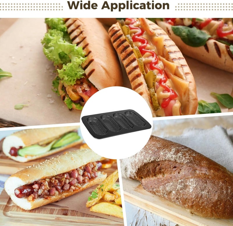 4 Piece Hot Dog Bun Pan Set, Four-Cavity French Loaf Molds, Non-Stick Carbon Steel, 13.7 X 8.5 Inches, Comes with Silicone Scraper and Oil Brush - Image 5