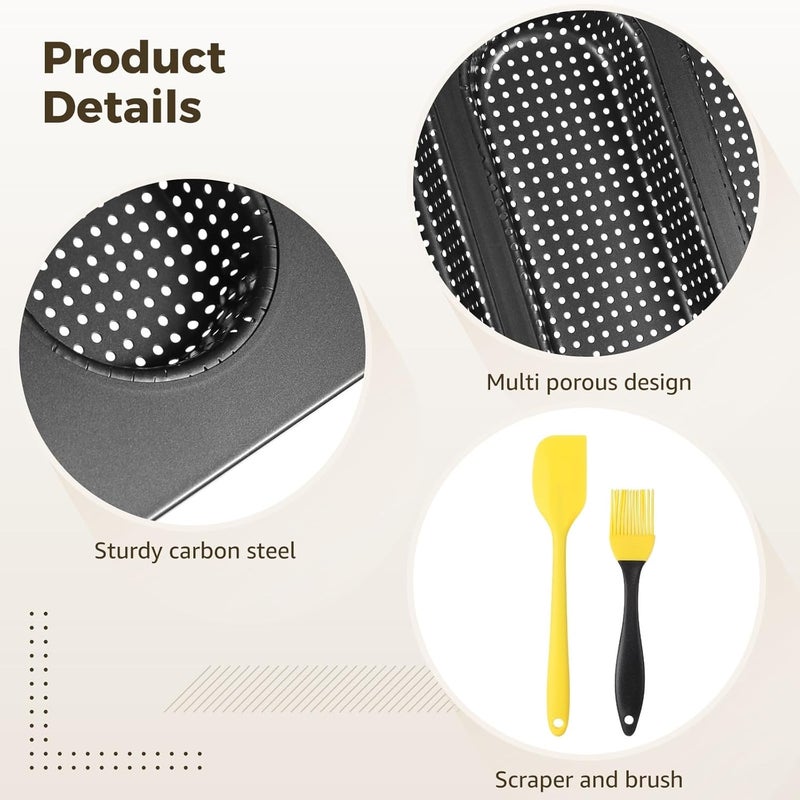4 Piece Hot Dog Bun Pan Set, Four-Cavity French Loaf Molds, Non-Stick Carbon Steel, 13.7 X 8.5 Inches, Comes with Silicone Scraper and Oil Brush - Image 4