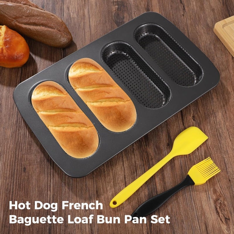 4 Piece Hot Dog Bun Pan Set, Four-Cavity French Loaf Molds, Non-Stick Carbon Steel, 13.7 X 8.5 Inches, Comes with Silicone Scraper and Oil Brush - Image 3
