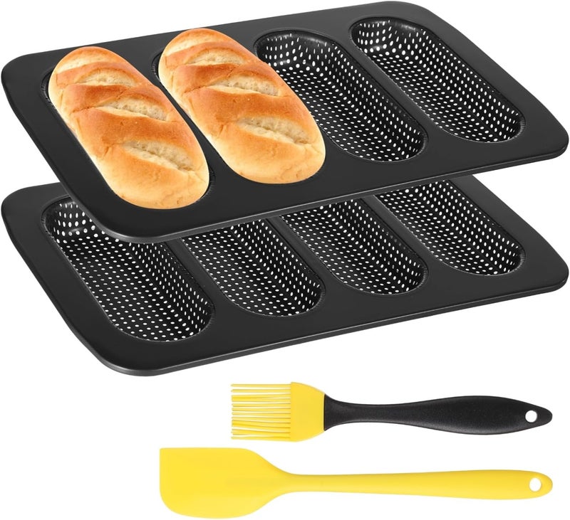 4 Piece Hot Dog Bun Pan Set, Four-Cavity French Loaf Molds, Non-Stick Carbon Steel, 13.7 X 8.5 Inches, Comes with Silicone Scraper and Oil Brush - Image 1