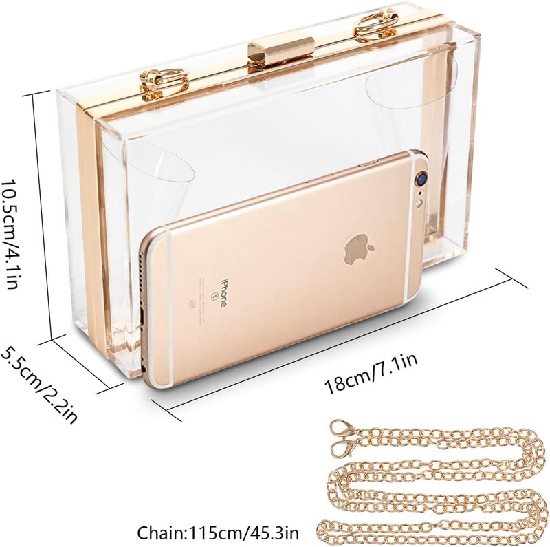 WJCD Women Clear Purse Acrylic Box Clutch Handbag, Small Transparent Crossbody Evening Bag Stadium Approved Gold Chain Strap - Image 2