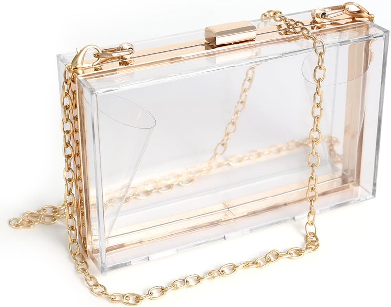 WJCD Women Clear Purse Acrylic Box Clutch Handbag, Small Transparent Crossbody Evening Bag Stadium Approved Gold Chain Strap - Image 1