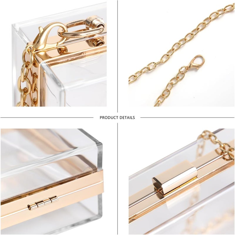 WJCD Women Clear Purse Acrylic Box Clutch Handbag, Small Transparent Crossbody Evening Bag Stadium Approved Gold Chain Strap - Image 3