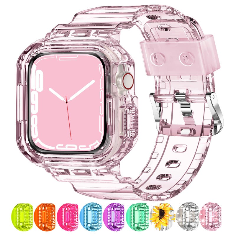 XYF Compatible for Crystal Clear Apple Watch Bands, 41mm 40mm 38mm Bumper Case for Men Women Jelly Sport Cover Strap for iWatch Ultra 3 2 Series 11 10 9 8 7 SE 6 5 4 3 (ClearPink, 38/40/41) - Image 1