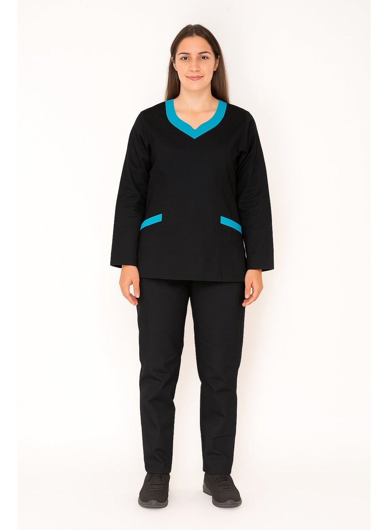 Rannah's Uniform Elegant Long Sleeve Black Scrub Suit with Cyan Accents–Professional and Comfortable - Image 1