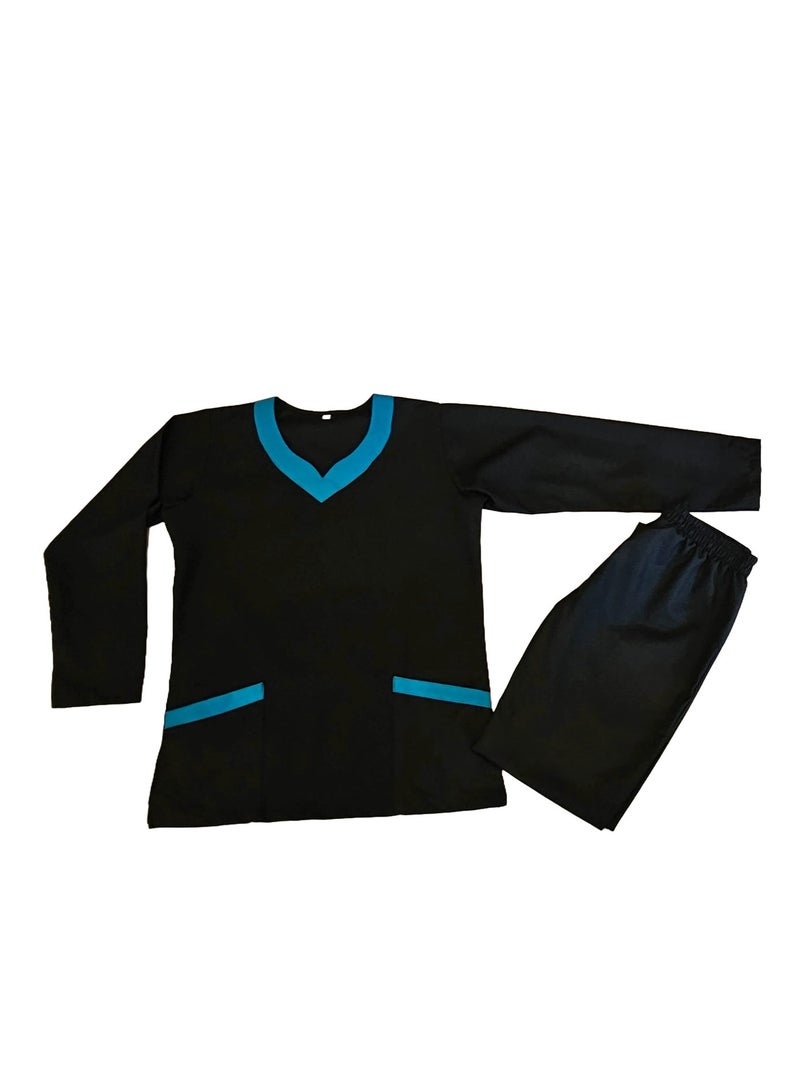 Rannah's Uniform Elegant Long Sleeve Black Scrub Suit with Cyan Accents–Professional and Comfortable - Image 2