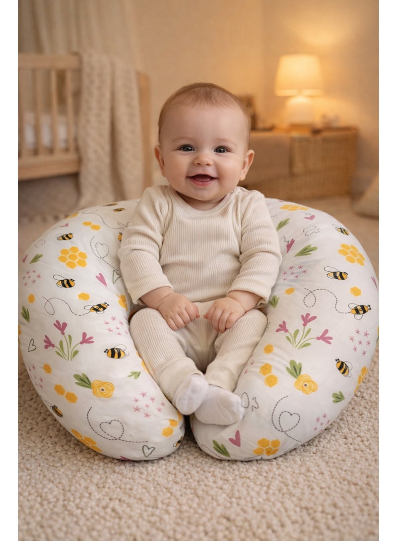 Little Bee Baby Nursing Pillow Breast Feeding Nursing Pillow and Positioner for Babies, Feeding Support for Mom & Baby, Tummy Time Pillow, for Breastfeeding & Bottle Feeding Nursing Pillow (White Honey Print Cotton) - Image 4
