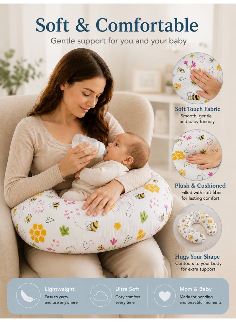 Little Bee Baby Nursing Pillow Breast Feeding Nursing Pillow and Positioner for Babies, Feeding Support for Mom & Baby, Tummy Time Pillow, for Breastfeeding & Bottle Feeding Nursing Pillow (White Honey Print Cotton) - Image 5