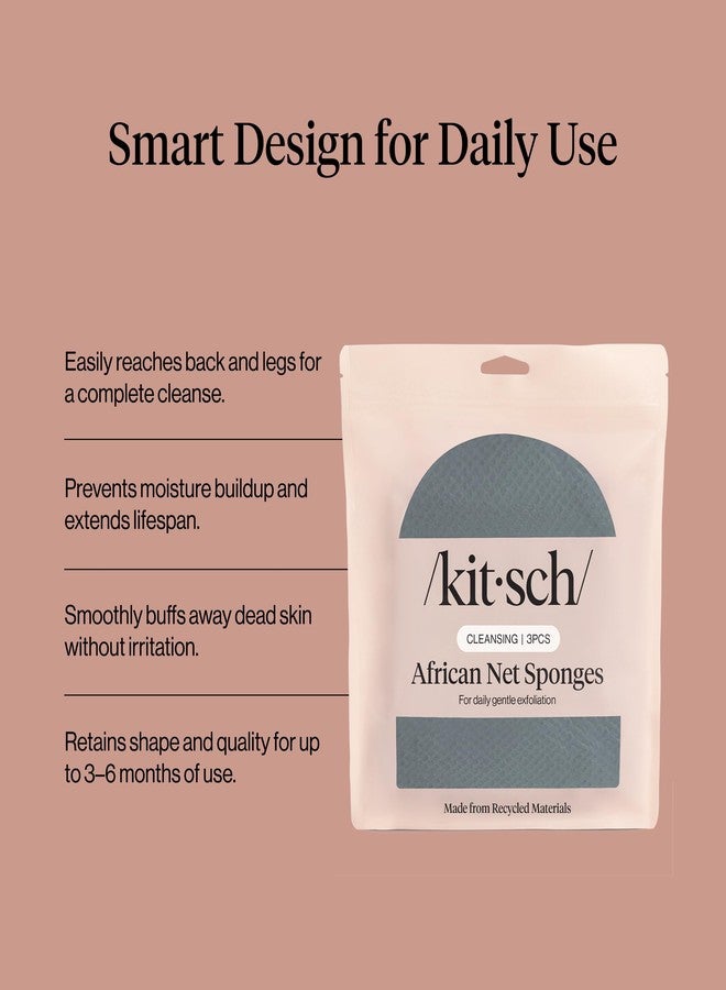 Kitsch African Net Sponge – Exfoliating Body Scrubber for Cleansing & Gentle Daily Exfoliation – Stretchable Bath Sponge for Hard-to-Reach Areas, Long-Lasting Shower Essential - Aqua Grey, 3 Pcs - Image 3