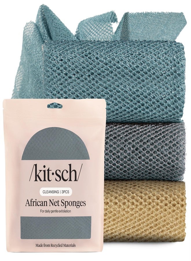 Kitsch African Net Sponge – Exfoliating Body Scrubber for Cleansing & Gentle Daily Exfoliation – Stretchable Bath Sponge for Hard-to-Reach Areas, Long-Lasting Shower Essential - Aqua Grey, 3 Pcs - Image 1