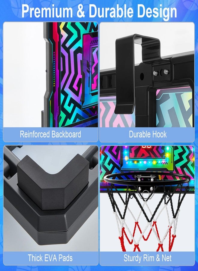 FIODAY Indoor Mini Basketball Hoop, Over The Door Basketball Hoop with LED Lights/Scoreboard/4 Balls, Upgraded Reinforced Backboard Frame, Basket Ball Toys Gift for Kids Ages 3-5-12+ Boys Girls - Image 3