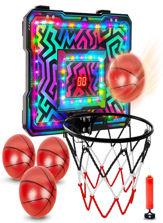 FIODAY Indoor Mini Basketball Hoop, Over The Door Basketball Hoop with LED Lights/Scoreboard/4 Balls, Upgraded Reinforced Backboard Frame, Basket Ball Toys Gift for Kids Ages 3-5-12+ Boys Girls - Image 1