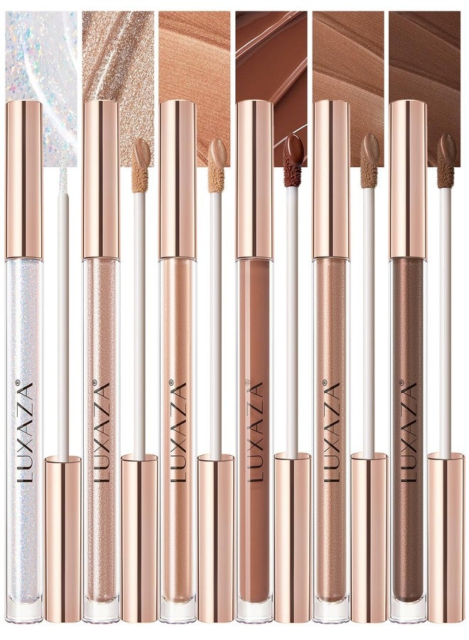 LUXAZA PRO 6PCS Neutral Liquid Eyeshadow Set - Long Lasting & Waterproof Liquid to Powder, 1 Matte & 5 Shimmer Glitter, Precision Brush Tip for Eyeliner & Highlighter, Nude Earth Tone Makeup Gift - Image 1