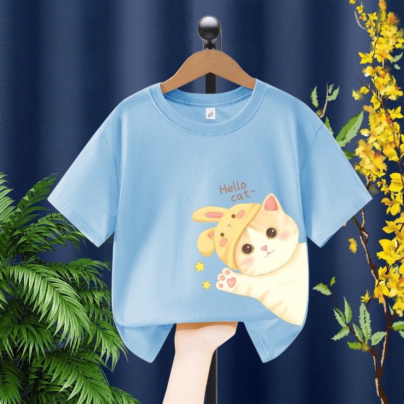 Girls Short-Sleeved T-Shirt Kitten Printed Children'S Loose Breathable Top Girls Cotton Casual Children'S Wear - Image 1