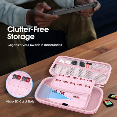 FINTIE Carrying Case for Nintendo Switch 2 (2025), Shockproof Hard Shell Switch 2 Case, Protective Cover Travel Bag with 19 Game Card & 2 Micro SD Card Slots & Inner Pocket, Glittering Pink - Image 4