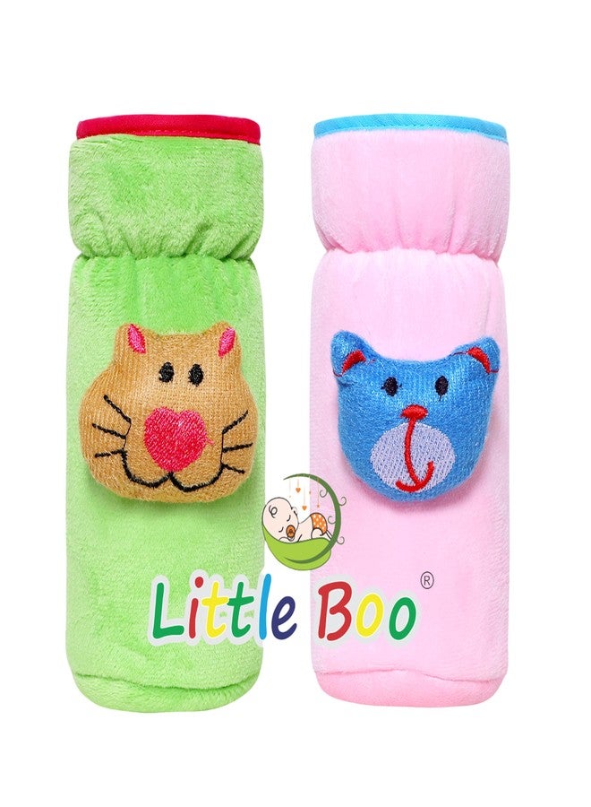 Little Boo Soft Plush Stretchable Baby Feeding Bottle Cover with Easy to Hold Strap | Cute Design Valvet Pack of 2 (Pink and Green,Narrow Neck Fits Upto 150ml)
