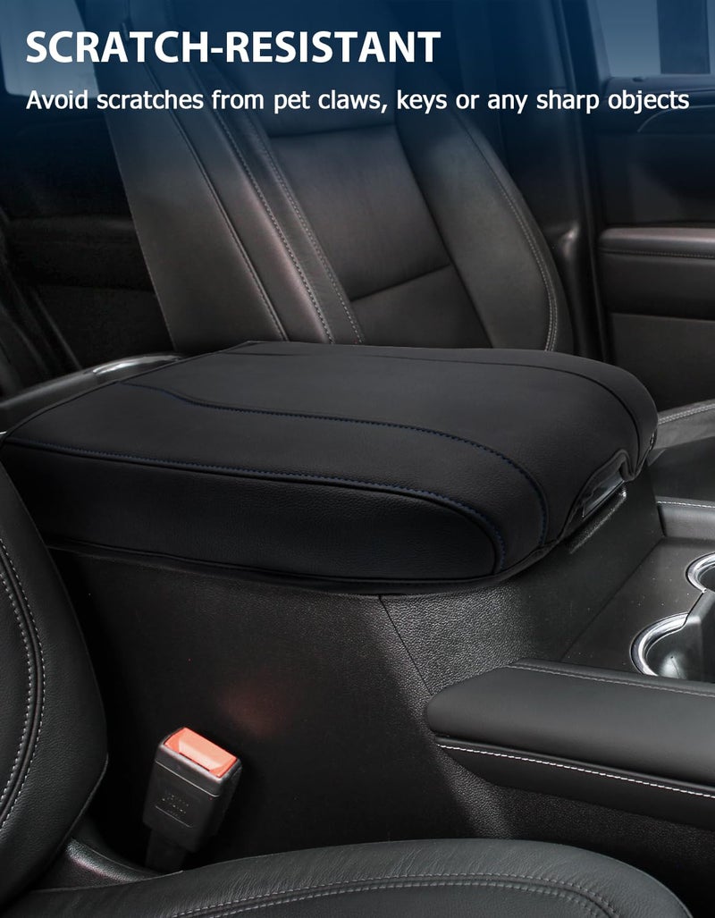 Eaglecover Center Console Armrest Cover for Chevy Silverado 1500 Accessories & GMC Sierra 2019-2026, Yukon & Tahoe & Suburban 2021-2026, Bucket Seat, Vinyl Armrest Middle Console Cover, Black-Blue Stitch - Image 4